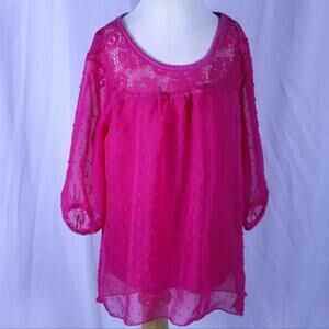 Girls Pink Layered Blouse • Size 8 • Lace Tunic • Puffy Sleeves • GUC/EUC